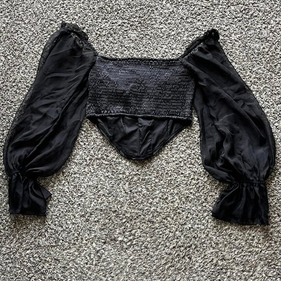 Black Corset Top Large Off the Shoulder Lace Trim Puffy Balloon Sleeve Whimsigot - Picture 3 of 7